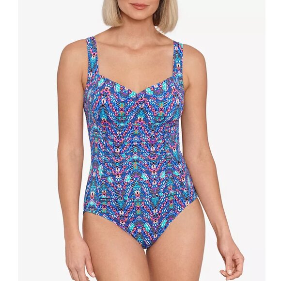 NWT Swim Solutions Women Shirred One-Piece Swimsuit Multicolor Sz 16 $100 1C404 - Picture 1 of 4